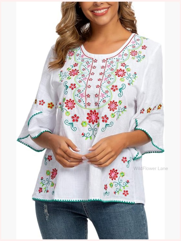 Girls Cotton Embroidered Peasant Blouse 3/4 Bell Sleeves Bohemian Top